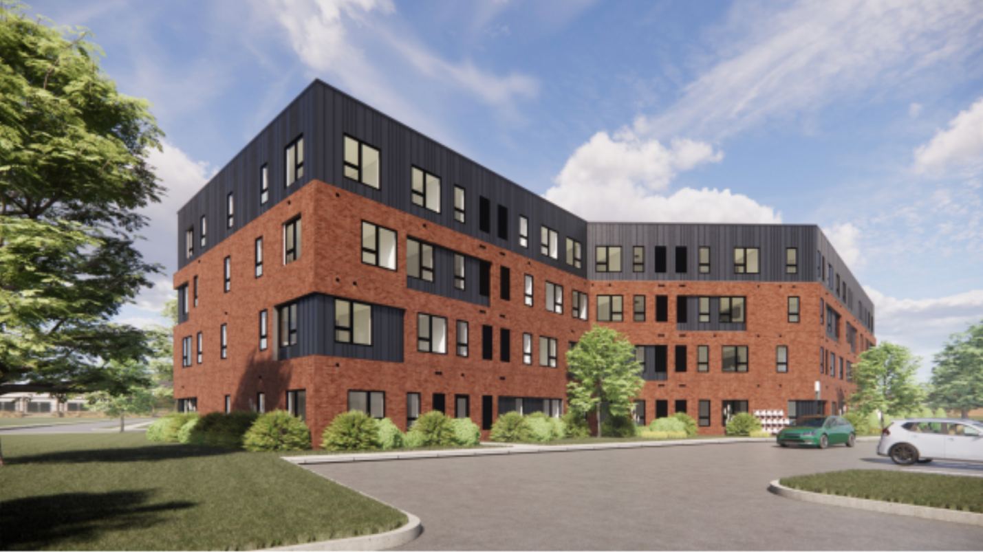 Architectural rendering of a four-story brick and dark-metal residential building